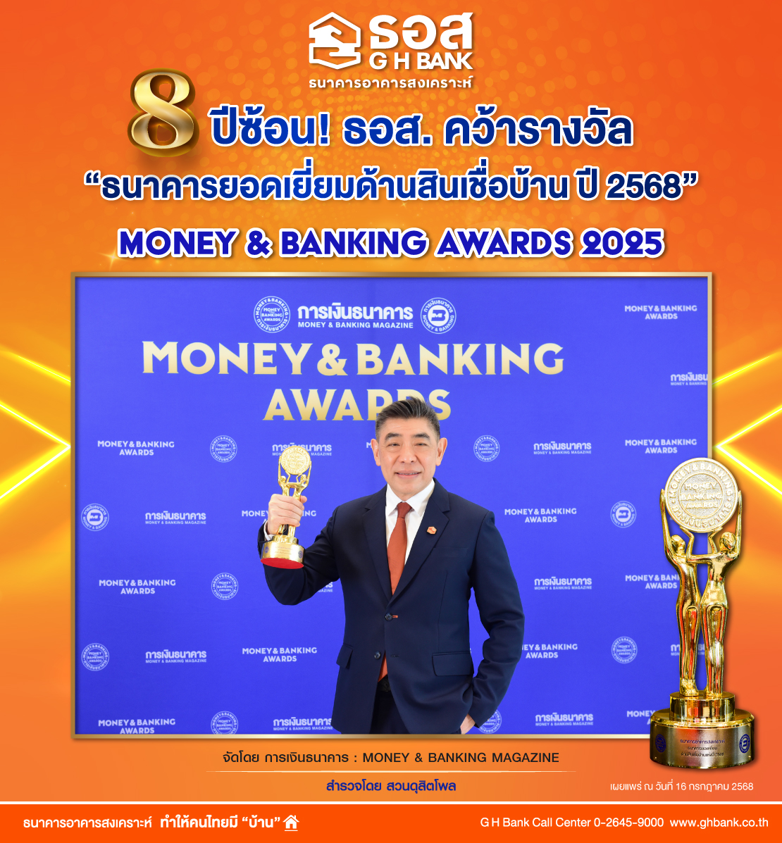 ธอส. คว้ารางวัล “ธนาคารยอดเยี่ยมด้านสินเชื่อบ้าน ปี 2568” 8 ปีซ้อน