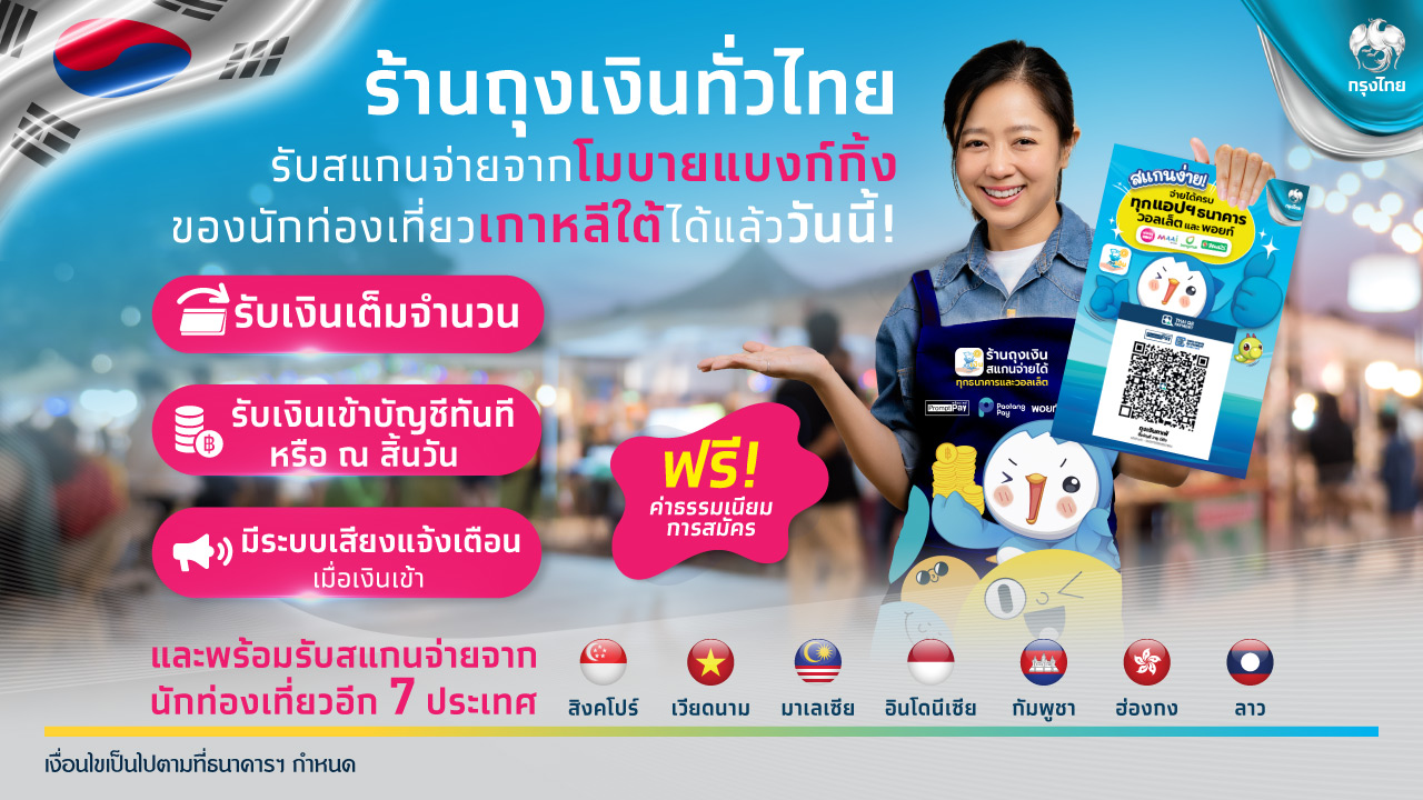 กรุงไทย เชื่อมระบบรับสแกนจ่ายจากนักท่องเที่ยวเกาหลีใต้ สร้างโอกาสเพิ่มรายได้ร้านค้า “ถุงเงิน”