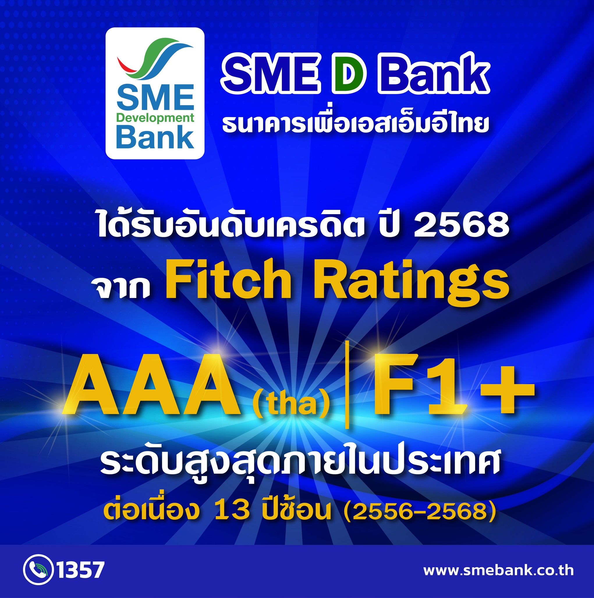 SME D Bank สถานะสุดแกร่ง ‘ฟิทช์ เรทติ้งส์’ คงอันดับเครดิตสูงสุดในประเทศ ระดับ AAA(tha)