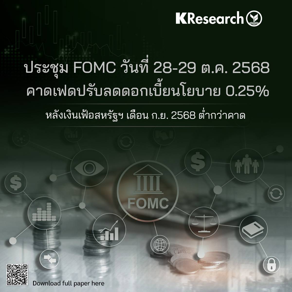 ศูนย์วิจัยกสิกรไทย คาดเฟดปรับลดดอกเบี้ย 0.25% - เงินเฟ้อเดือน ก.ย. ต่ำกว่าคาด