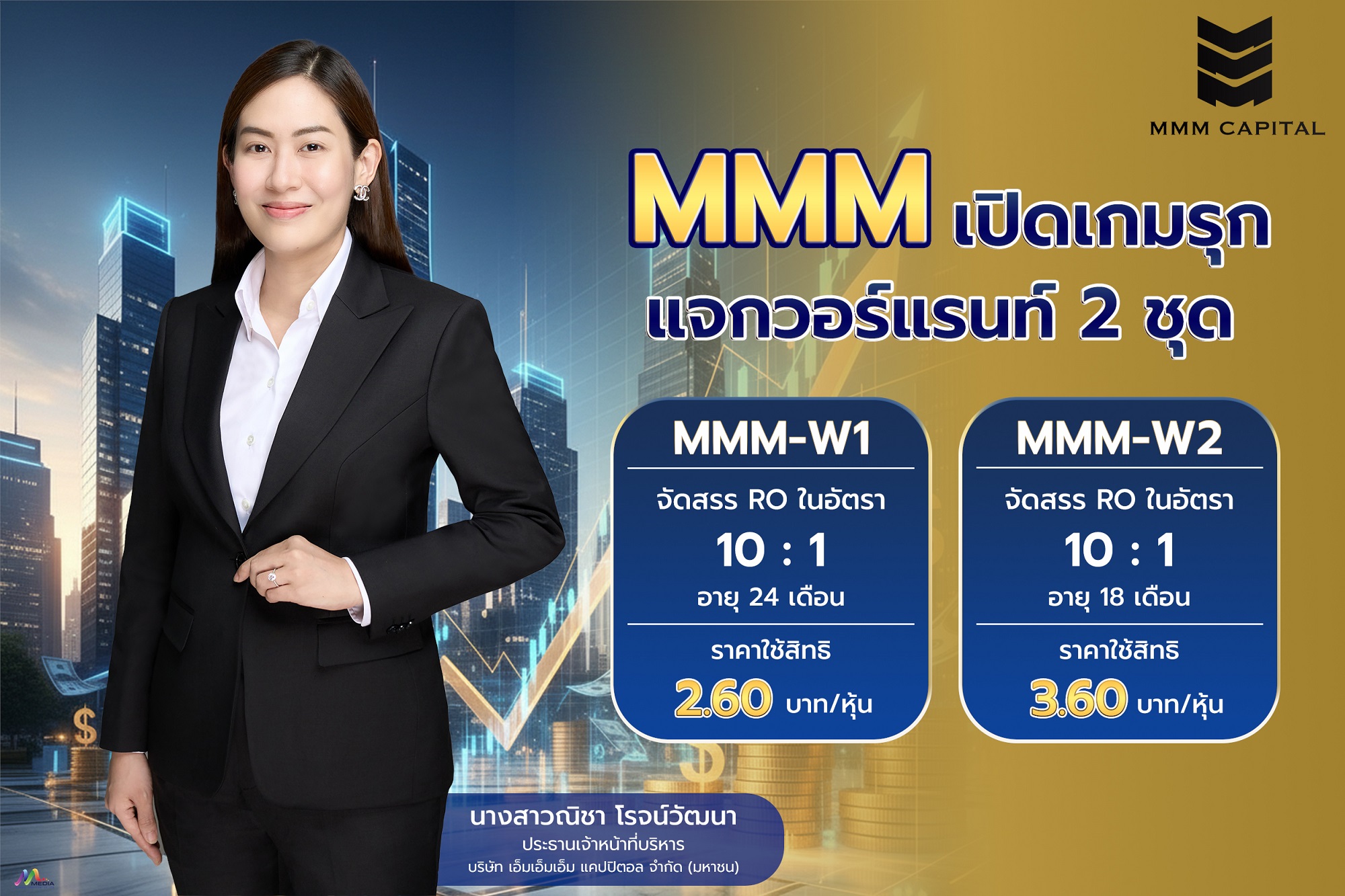 MMM แจกวอร์แรนท์ 2 ชุดรวด 72.6 ล้านหน่วย เสริมแกร่งการเงิน เล็งขยายพอร์ตการลงทุนในอนาคต