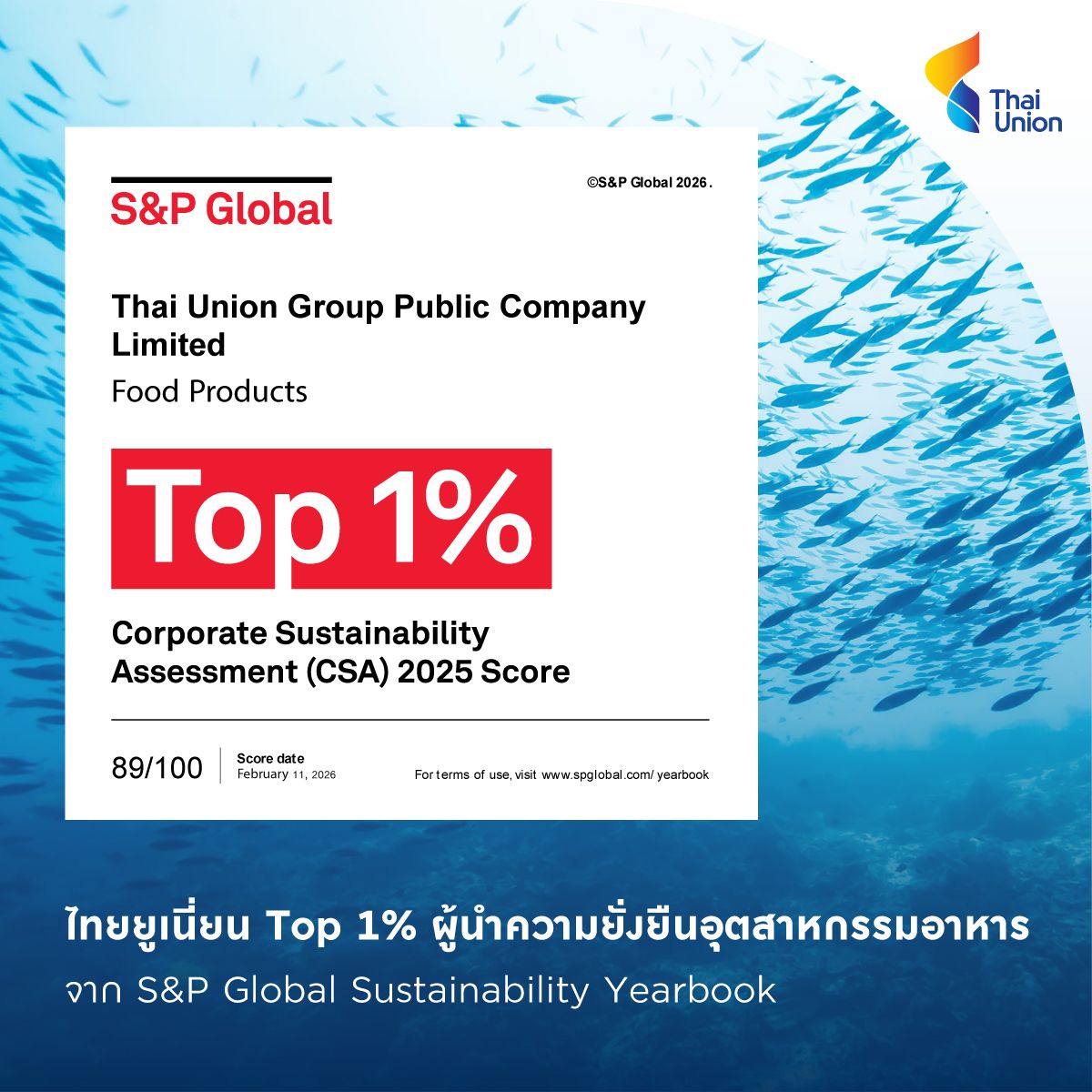 ไทยยูเนี่ยน ยืนหนึ่ง Top 1% ผู้นำความยั่งยืนอุตสาหกรรมอาหาร จาก S&P Global Sustainability Yearbook