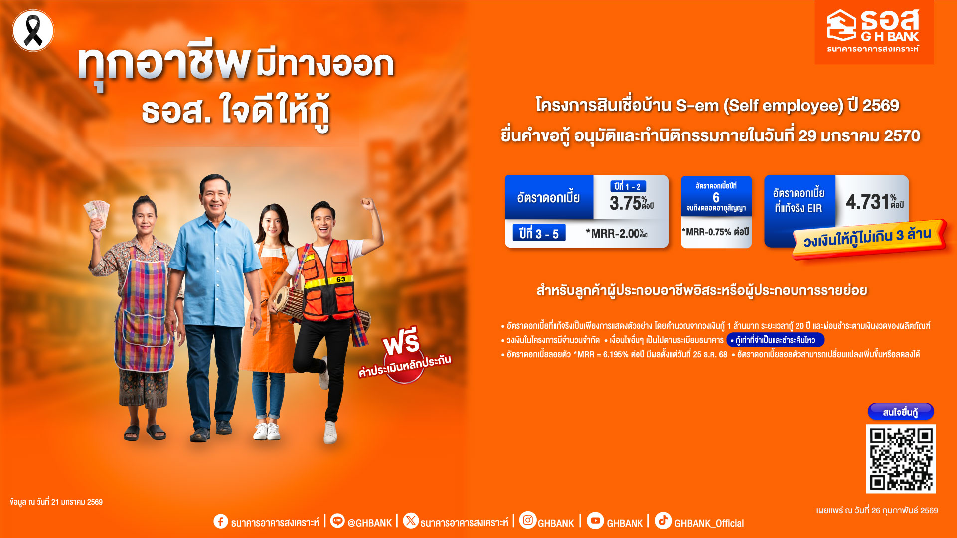 ธอส.จัดวงเงิน 5,000 ล้าน ปล่อยสินเชื่อบ้าน S-em (Self employee) ผ่อนเริ่มต้นล้านละ 4,200 บาท