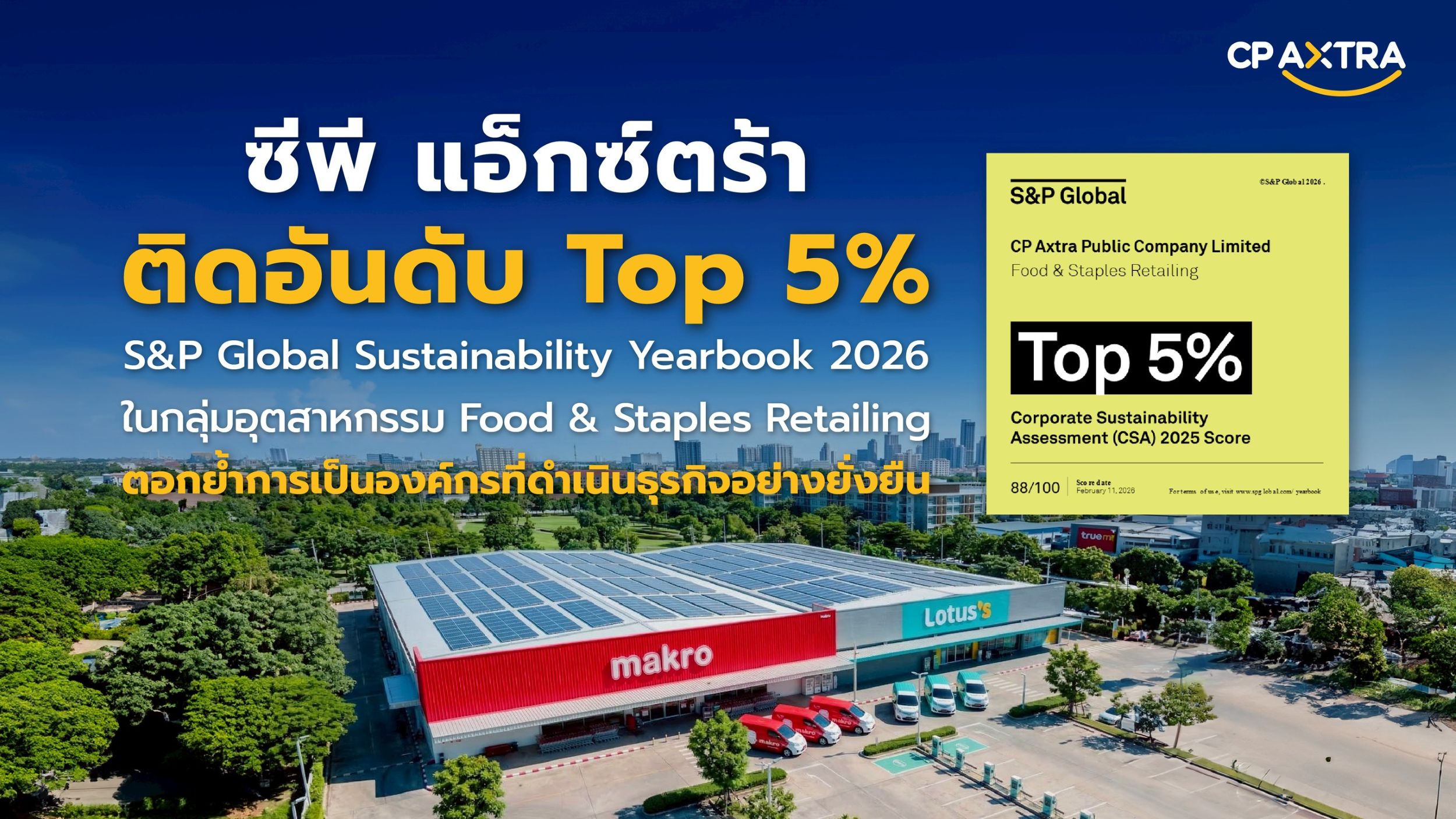 “ซีพี แอ็กซ์ตร้า” คว้าอันดับความยั่งยืนระดับโลก Top 5% จาก S&P Global